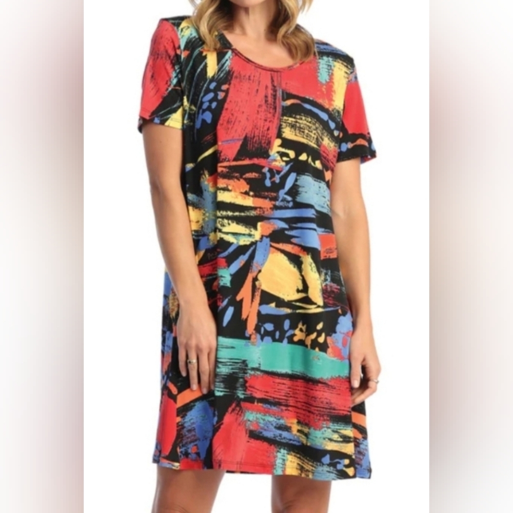 Jess & Jane Aspen Dress Large Wearable Art Stretch Swing Artsy Abstract Colorful